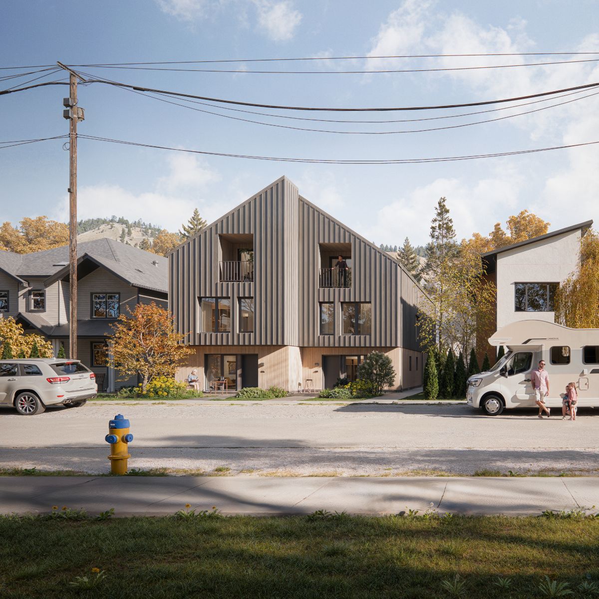 A realistic 3D rendering of a  three-storey fourplex building, showcasing a sleek architectural design with a combination of wood and metal finishes. The building is located in a neighbourhood.
